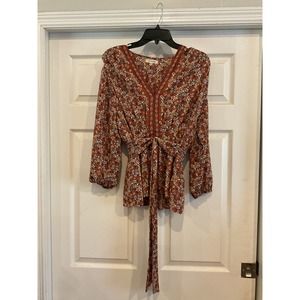Max Studio, Boho Flower Blouse, Terracotta, Tie Front, 3/4 Slv, Sz M